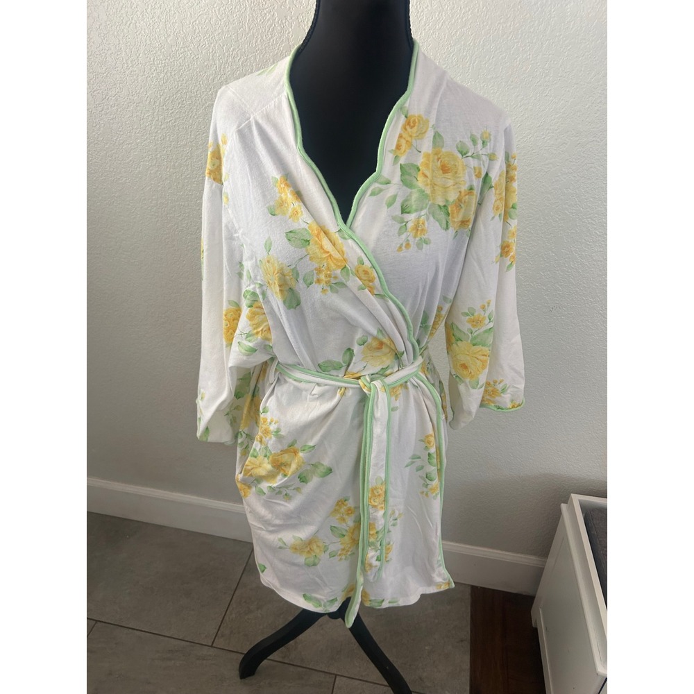 Earth Angels Womens XL White Yellow Floral Cotton Wrap Robe cottagecore